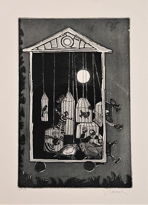 Francesco Casorati (1934-2013). "Le gabbie", acquaforte acquatinta, lastra cm 37x25, su foglio 