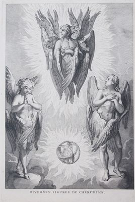 Ignoto. "Diverses figures de Cherubins", vecchia stampa dell'800, foglio cm 35x25, lastra cm 29x19