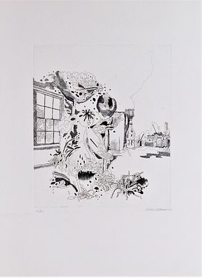 Attilio Steffanoni (1938). "Nello studio", acquaforte, lastra cm 28x23, su foglio cm 48x35, es. 