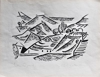 Nicola Galante (1883-1969). "Sintesi di paese", xilografia, cm 20.5x25, firma