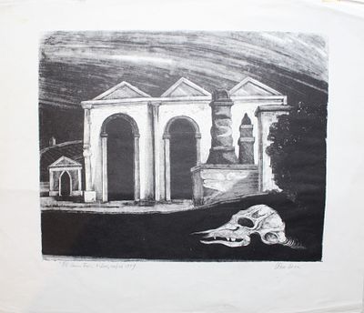 Enrico Paolucci (1901-1999). "Il cimitero", xilografia, foglio cm 40x34, firma, il foglio 