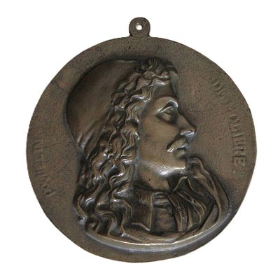 Poquelin De Moliere. "senza titolo", medaglione bassorilievo in bronzo, diametro cm 20.5