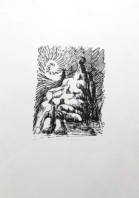 Ermanno Volpi (1930). "paesaggio primordiale", litografia, foglio 70x50, firma, es. 48/50 