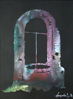 Sage-Vernis. "Il pozzo", tecnica mista su carta, cm 50x70, firma, eseguito nel 1972,