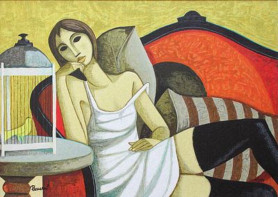 Lucio Ranucci (1925-2017). "Dialogo Improbabile", serigrafia su tela, cm 70x50, firma, es. 41/150