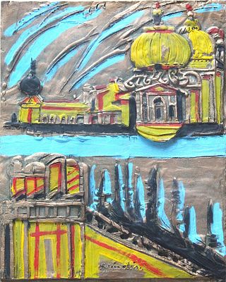 Remo Brindisi (1918-1996). "senza titolo", scultura bassorilievo in metallo dipinta a mano, cm 