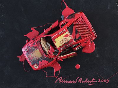 Bernard Aubertin (1934-2015). "Voiture Brul&eacute;e", modellino bruciato su tavola, cm 30x40, eseguito 