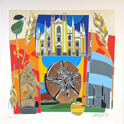 Ugo Nespolo “Milano” - Ugo Nespolo (1941) “Milan” Multi-material silkscreen on cardboard, 70x70 