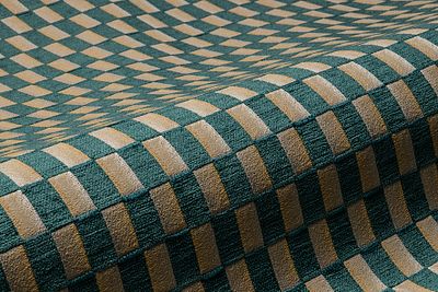 DAMIER
06 Amazon Sunrise Fabric. Damier, a chenille fabric with a geometric motif with an 
