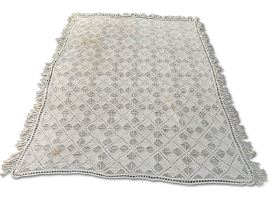 Lace bedspread with fringe. Handmade lace bedspread with fringe. Signs of use and iron.