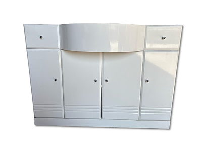 Bathroom Wardrobe. Bathroom furniture in white melamine, with mold for curved sink. With 4 lower