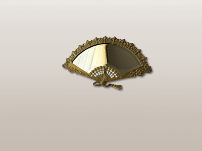Table Mirror. Bronze table mirror with a very old-fashioned fan-shaped stand, mirror with bevels