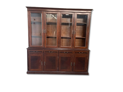 Cabinet. Walnut wood cabinet made up of two parts. Top part with 4 glass doors and bottom part