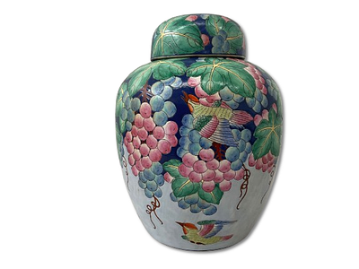 Jarrão de Louça Chinesa com tampa em padrão floral. Ornamentação de cómodas, consolas e aparadores.