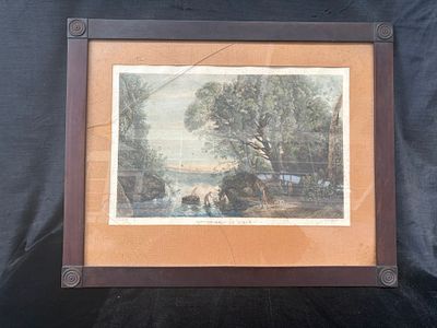 Engraving "Le Bain de Diane" dated 1909 with wooden frame. Signs of use and broken glass.