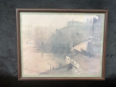 Screen printing . Serigraph City Landscape by Author António Riz dated 1942 with wooden frame.