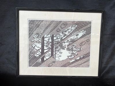 Screen Print. Silkscreen print titled "Puddle" dated 1952 with black lacquered wooden frame.