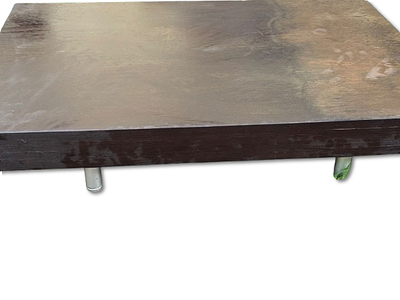 Coffee Table. Wooden sofa front table with metal legs. Signs of much use.