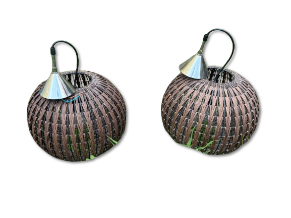 Suspension Lighting. Set consisting of two units of wicker ceiling suspension lights.