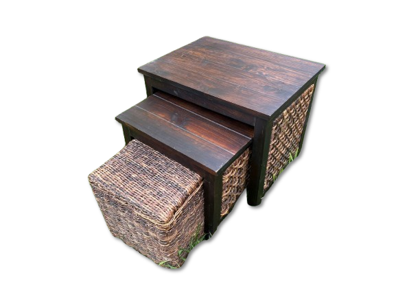 Set of Side Tables. Set of 3 nesting tables made of wood and rattan. Signs of use.
