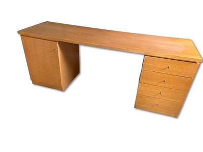 Desk. Beech desk with drawers and door. Top with stains and signs of use.