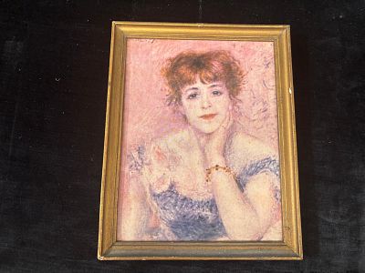 Screen Print. Realistic portrait of a female figure with a wooden frame. Undated and unsigned. 