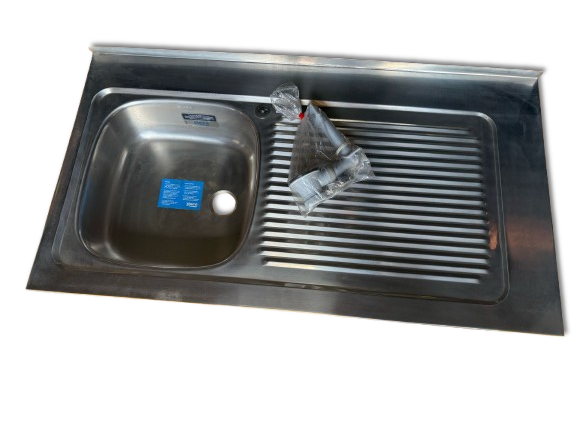 Kitchen Counter. Roca rectangular stainless steel kitchen counter with sink and drainer.