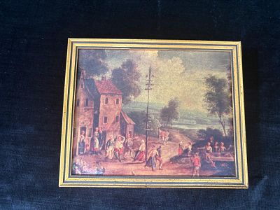 Engarving. Engraving with wooden frame, titled "The Village Festival" by Breughel the Elder. 