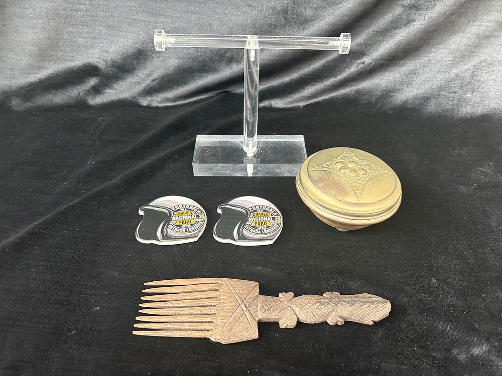 Curiosities Set. Set consisting of a wooden African comb, a decorative metal box, and two 