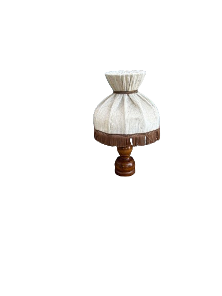 Table Lamp. Wooden lampshade with fringed fabric shade. Signs of use.