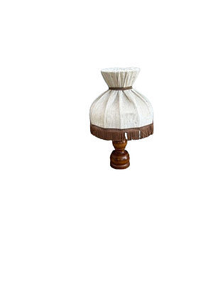 Table Lamp. Wooden lampshade with fringed fabric shade. Signs of use.
