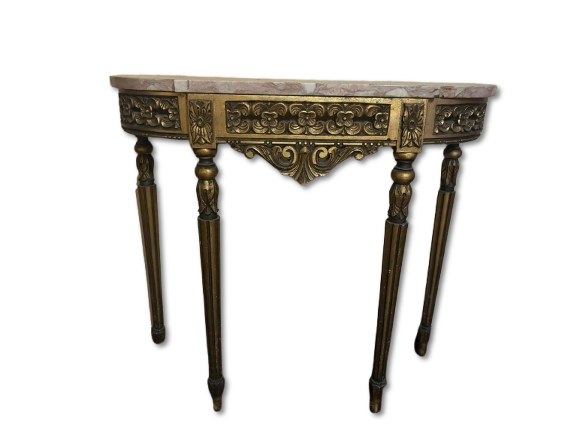 Console table with gold-painted wooden legs and carved woodwork. Marble top. Signs of use.