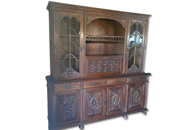 Display Cabinet. Chestnut wood display cabinet with upper section featuring glass doors 