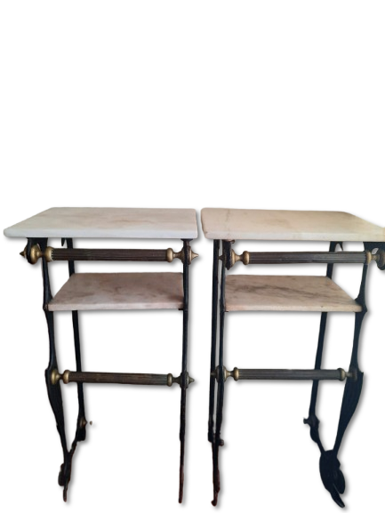 Set of 2 Side tables. Set consisting of two side tables in matte metal with marble top and 