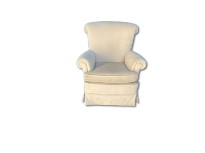 Armchair upholstered in velvety English style fabric, with valance.