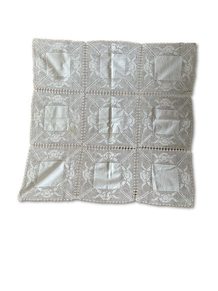 Lace and Linen Towel. Handmade lace and linen tablecloth. Signs of use.