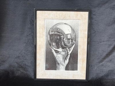Screen Print. Silkscreen title "Hand with Reflecting Sphere" dated 1935. With black lacquered 