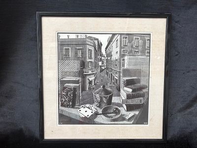 Screen Print. Silkscreen with the title "Still Life and Street, " dated 1937. Framed in black 