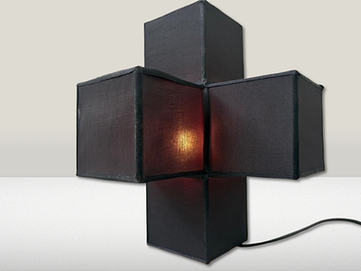 Table Lamp. Natural silk table lamp with cube design.