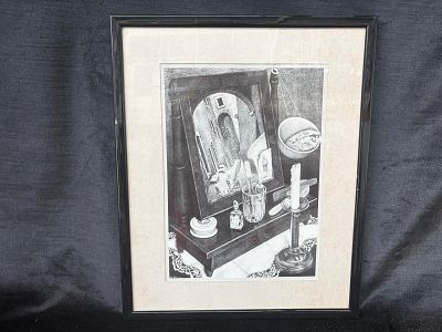 Screen print. Silkscreen title "Still Life with Mirror" dated 1934. With black lacquered wooden 