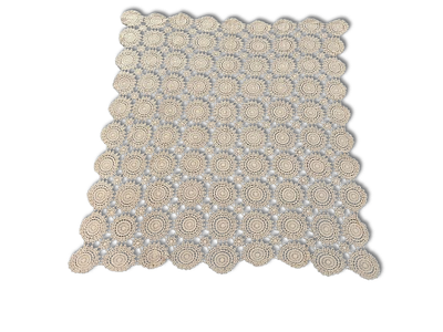 Beige Lace Towel. Lace tablecloth with handmade rosettes. Signs of use.