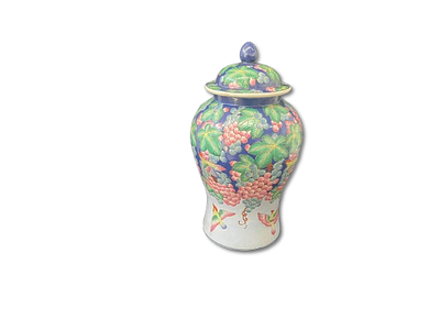 Chinese Dinnerware Vase. Chinese crockery vase with lid and floral pattern. Decoration of 