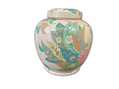 Chinese Dinnerware Vase. Chinese crockery vase with floral pattern lid. Decoration of dressers 