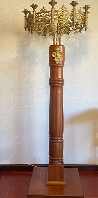 Church Candelabra 10 Lights. Mahogany church candelabra with 10 bronze lights. 
Late 19th 