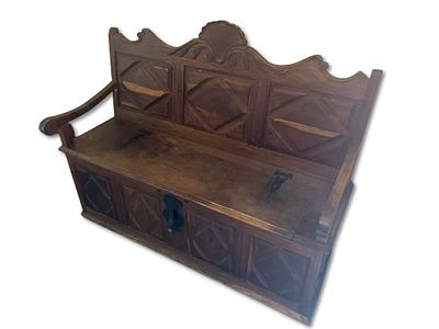 Bench. Chestnut wood stool with built-in chest and metal hardware. Signs of use.