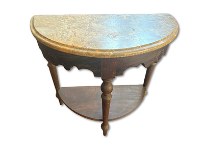 Side Table. Wooden side table with turned legs and marble top. Signs of use.