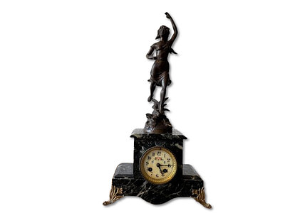 French Table Clock. Napoleon III 
black and green marble, bronze sculpture "Female figure 