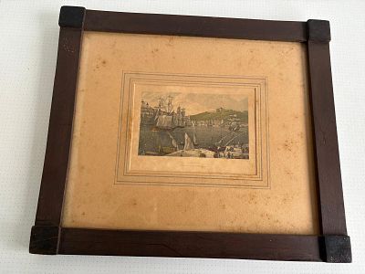 Screen Print. Silkscreen print titled "O Porto" by Amsiahof Vaum Kay, with wooden and glass 