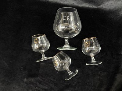 Vintage Set of Glasses. Set of 4 vintage glasses. One large CRF brand for cognac or whiskey and 