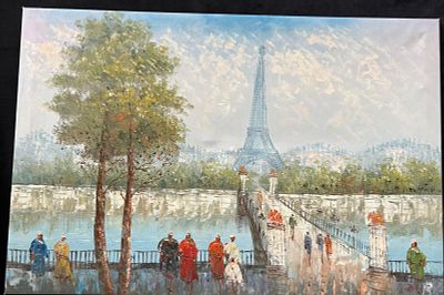 Tela Decorativa. Tela decorativa em acr&iacute;lico t&iacute;tulo "Torre Eifel". Sinais de uso.